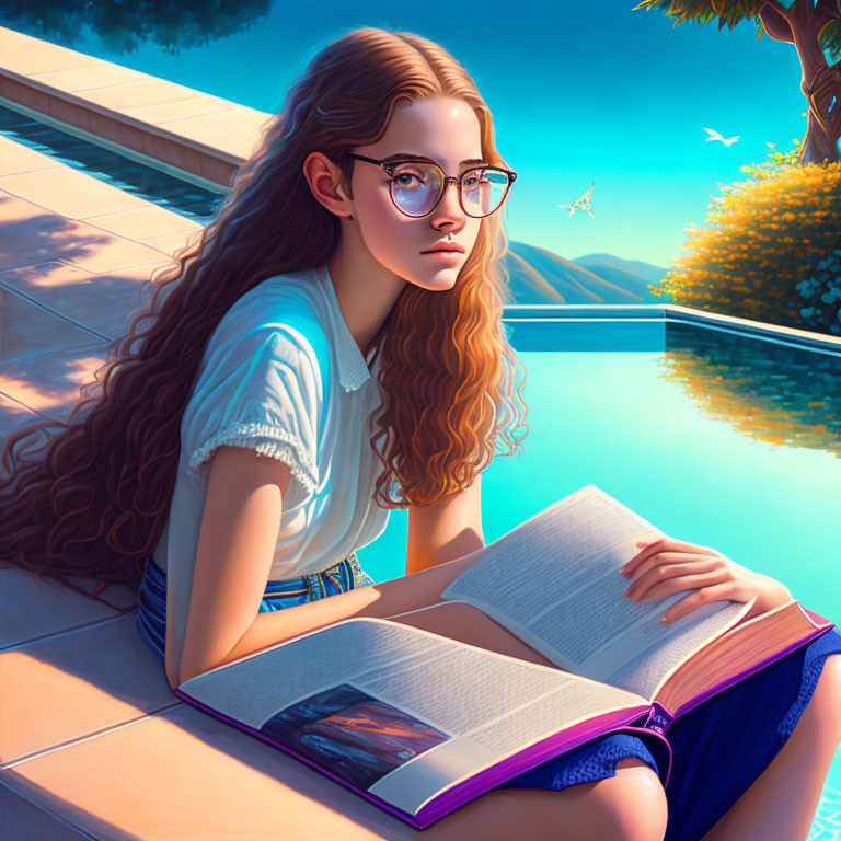 Young woman with curly hair reading by poolside with tranquil scenery