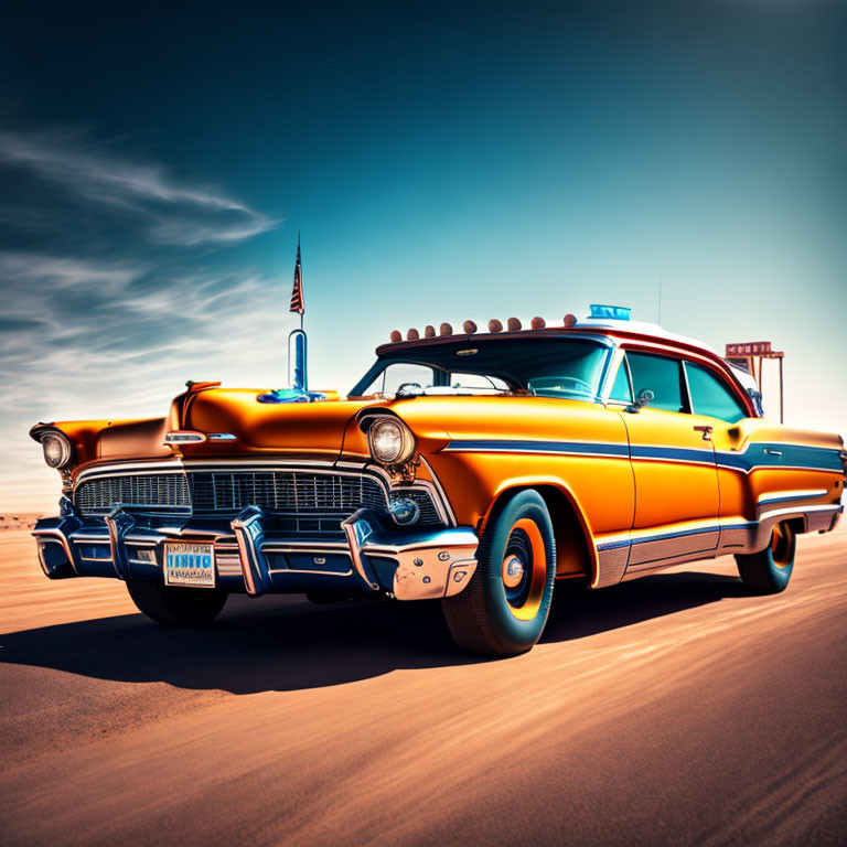 Vintage Yellow and Blue Classic Car with Chrome Details on Open Road
