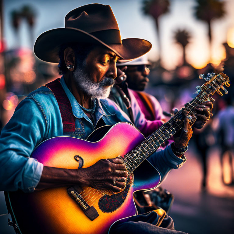 Gray-bearded musician in cowboy hat plays acoustic guitar on vibrant street at dusk