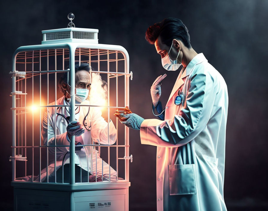 Scientist in lab coat examines caged light, person inside reaches out