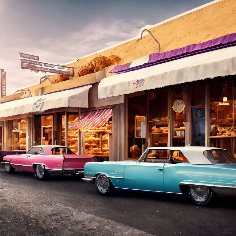 Vintage cars and retro bakery with large pastries under vibrant evening sky