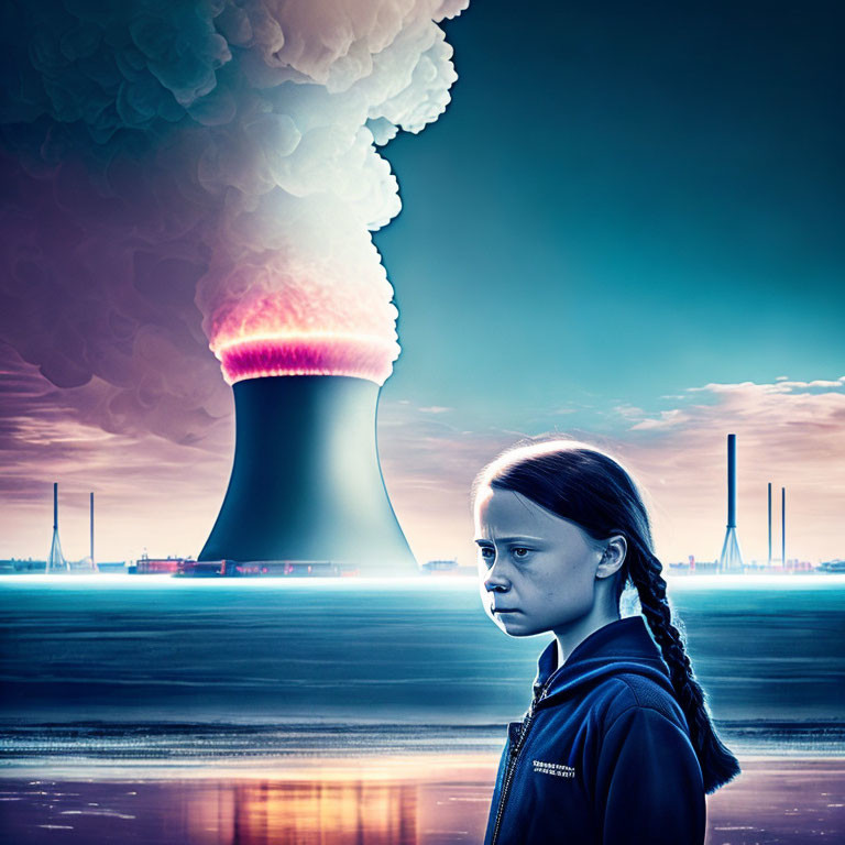 Young girl beside nuclear power plant with dramatic smoke plume at dusk