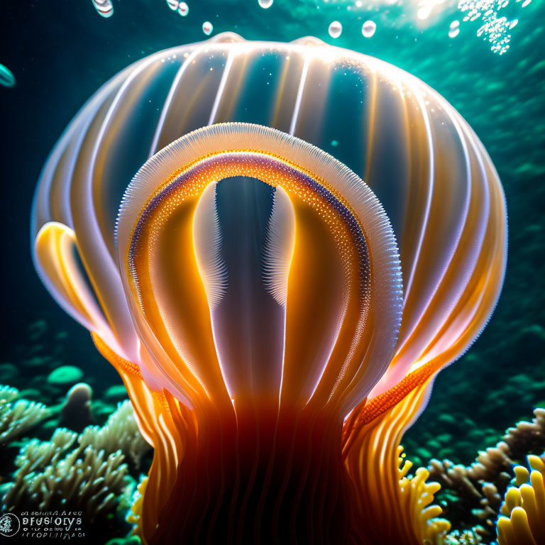 Translucent jellyfish with glowing edges and intricate patterns underwater