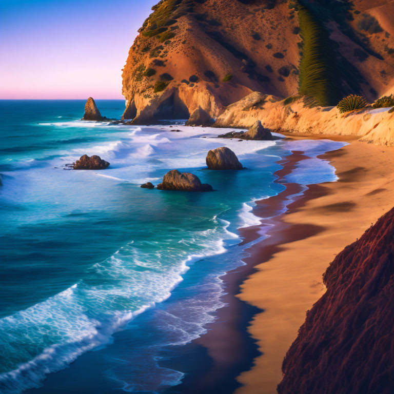 Tranquil Sandy Beach with Cliffs and Rock Formations at Twilight