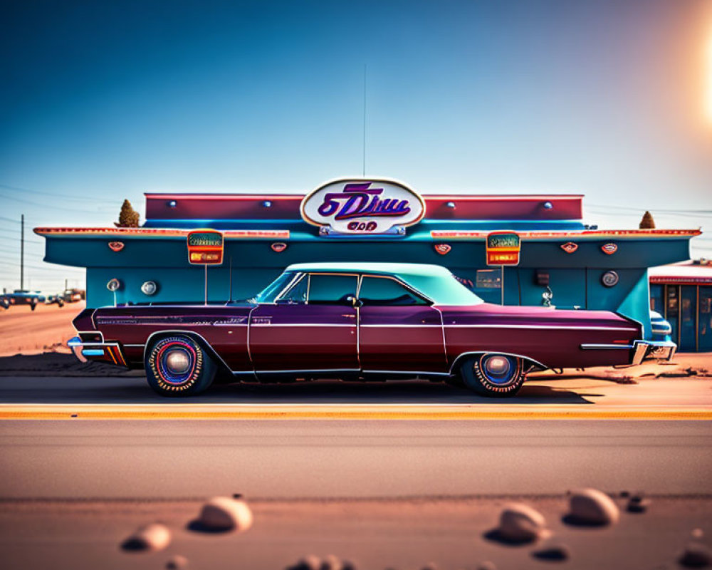 Vintage Purple Car Parked Outside Retro-Style Diner Under Pastel Sunset Sky