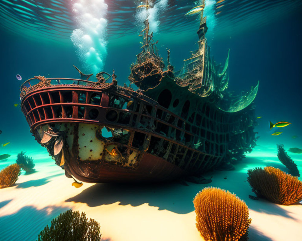 Underwater scene: sunken shipwreck, coral, fish, and light beams.
