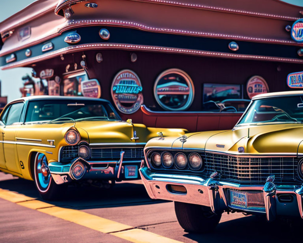 Classic Diner with Vintage Yellow Cars and Retro Signage