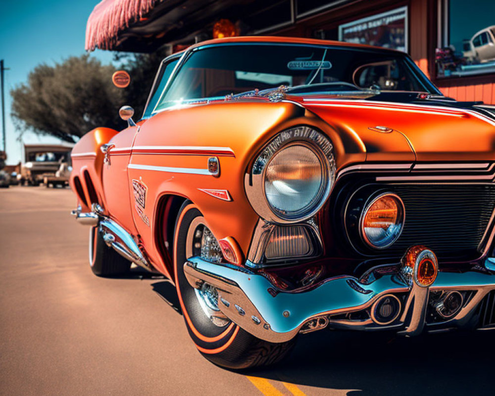 Vintage Orange Car with Chrome Details Parked on Sunny Day near Diner