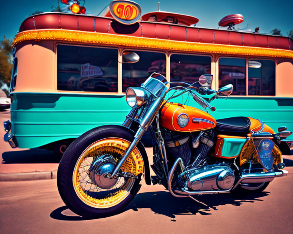 Vintage Orange Motorcycle Parked Outside Classic Teal Diner