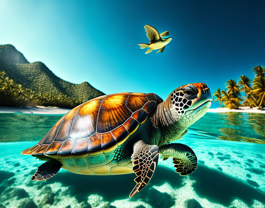 Sea turtle swimming near tropical island with bird under sunny sky