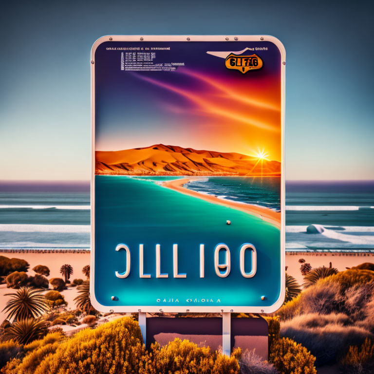 Vibrant beach and desert landscape billboard at sunset