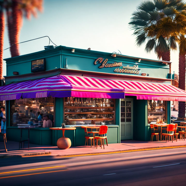 Charming corner cafe with teal and pink striped awning and neon signage