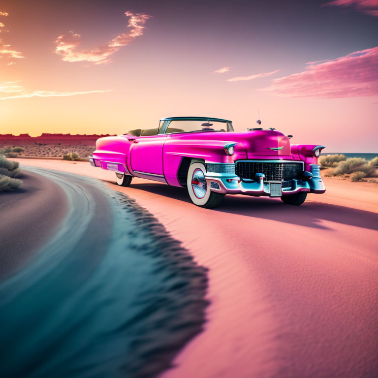 Pink classic car driving in desert at dusk with purple sky and sand