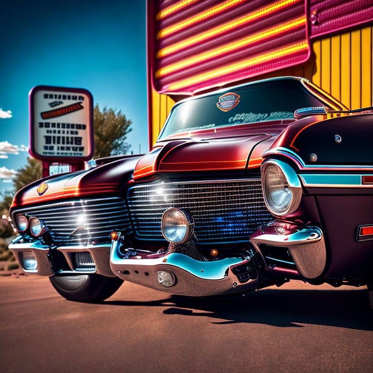 Two classic cars with chrome grilles parked against colorful building and blue sky