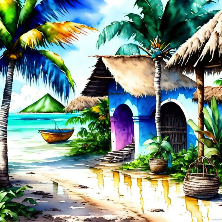 Colorful Watercolor Beach Scene with Blue Hut, Palm Trees, and Rowboat