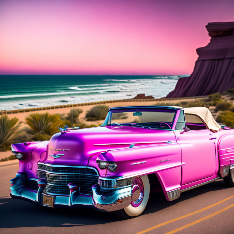 Pink classic convertible car by beach road at sunset with ocean and cliff.