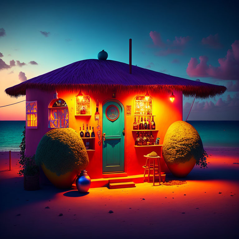 Colorful beach hut with neon lights, thatched roof, turquoise door, bar shelves, and spherical