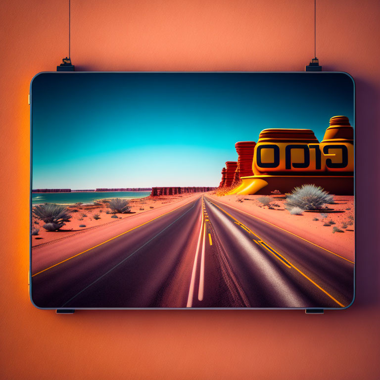 Colorful desert road scene with 3D "GO" text under warm sunset