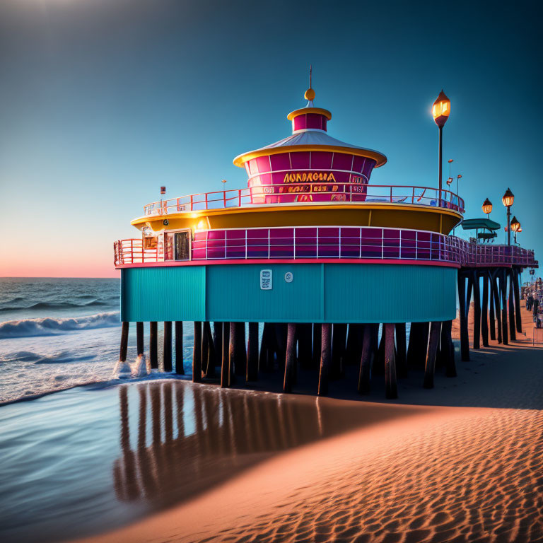 Colorful Beach Pier with Lights at Dusk overlooking Ocean