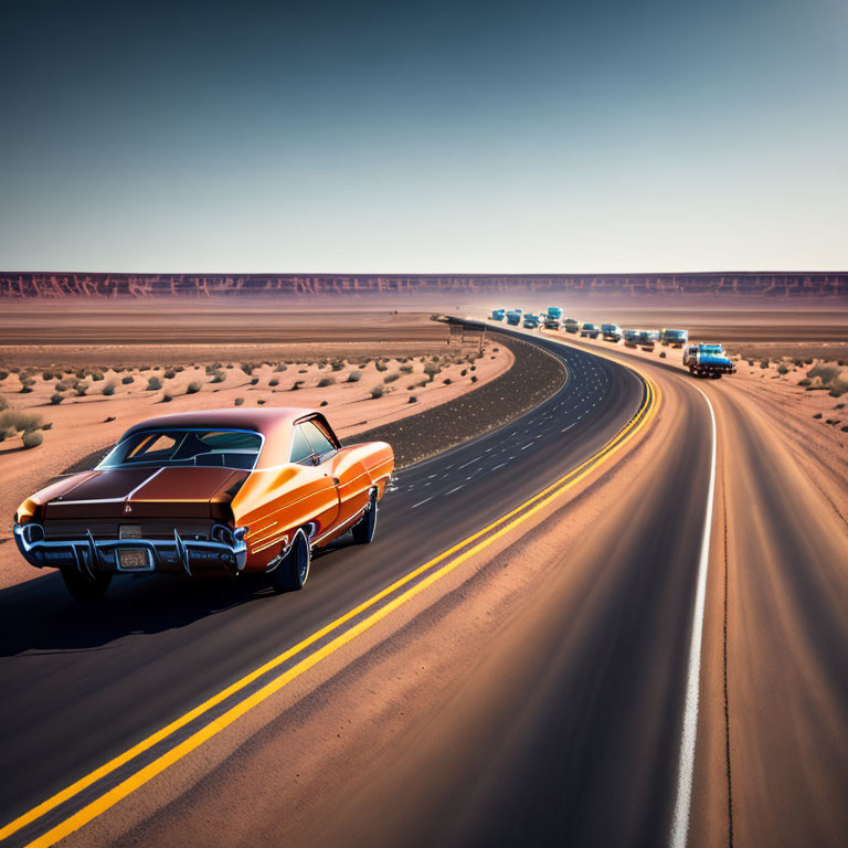Vintage orange car on desert road with distant line of vehicles under clear sky
