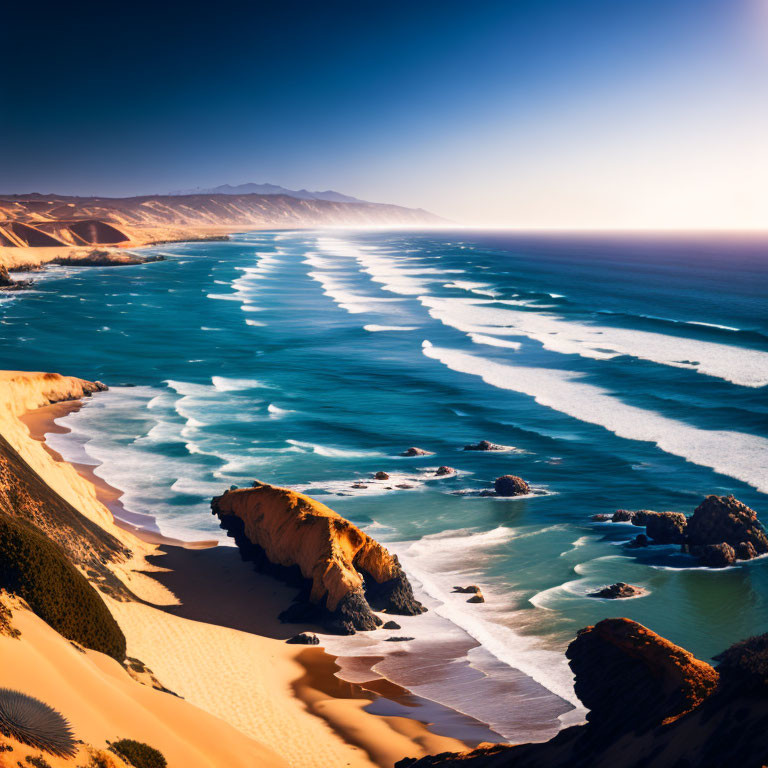 Sunlit Coastline with Golden Cliffs and Patterned Waves