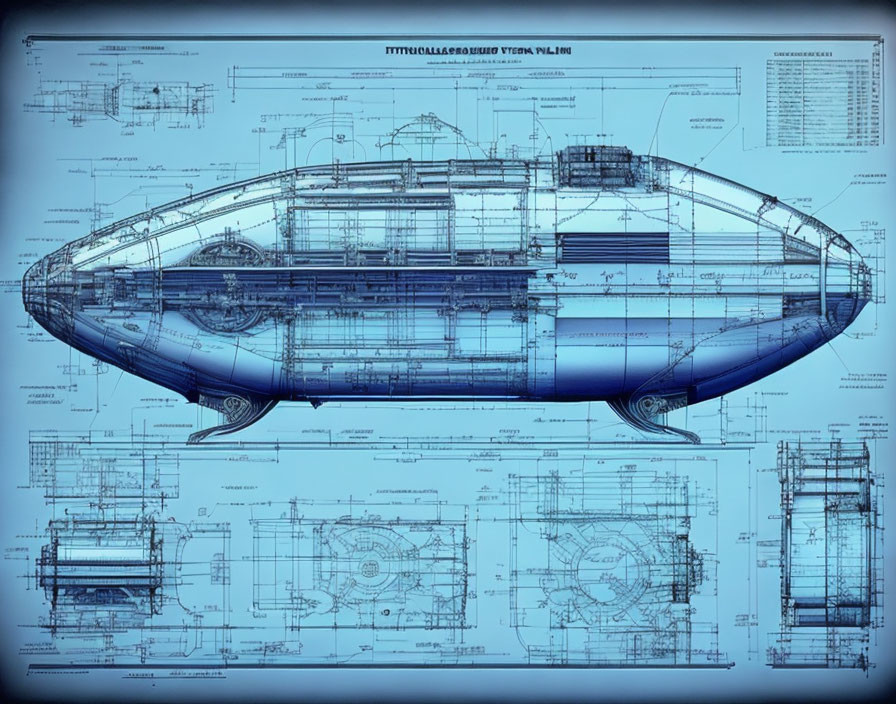 Detailed Blueprint of Zeppelin-Like Airship with Technical Annotations