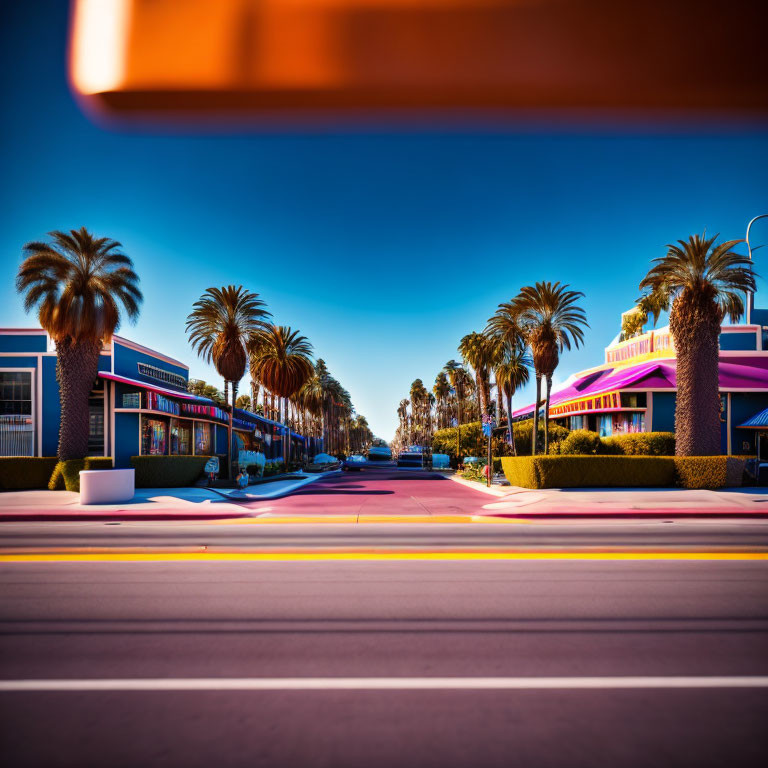 Colorful Palm Tree-Lined Street Scene with Motion Blur