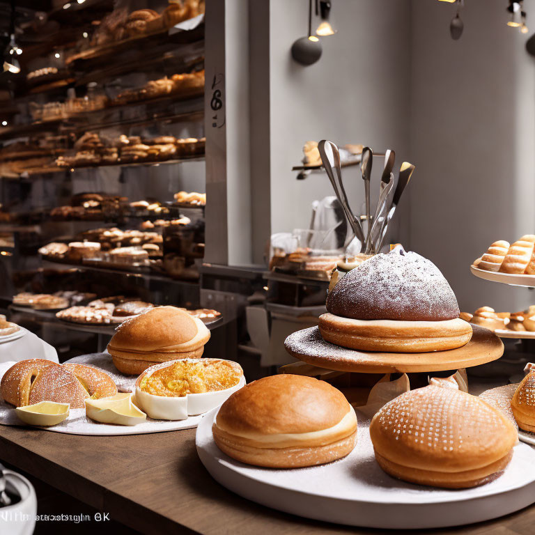 Bakery interior showcasing bread loaves, buns, and pastries in warm lighting