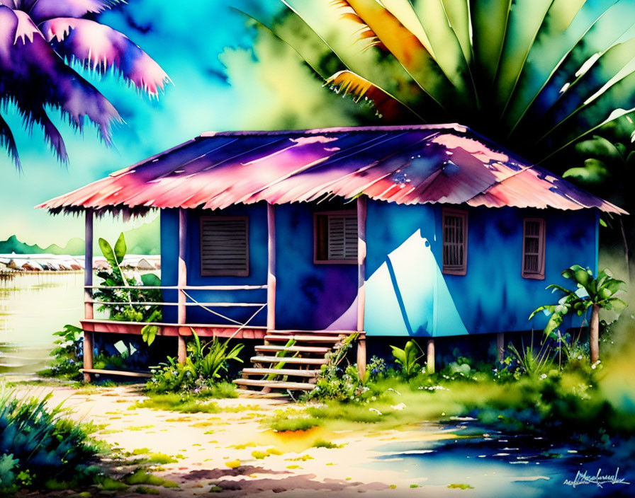 Colorful painting of blue house with pink roof in tropical setting