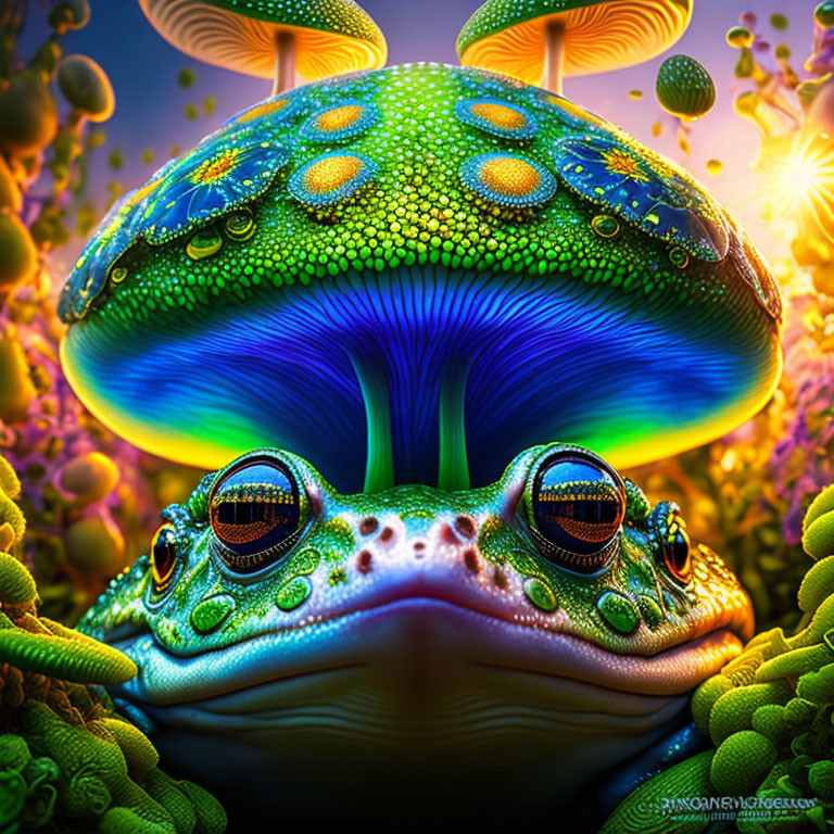 Colorful Frog Illustration Under Glowing Mushroom in Mystical Environment