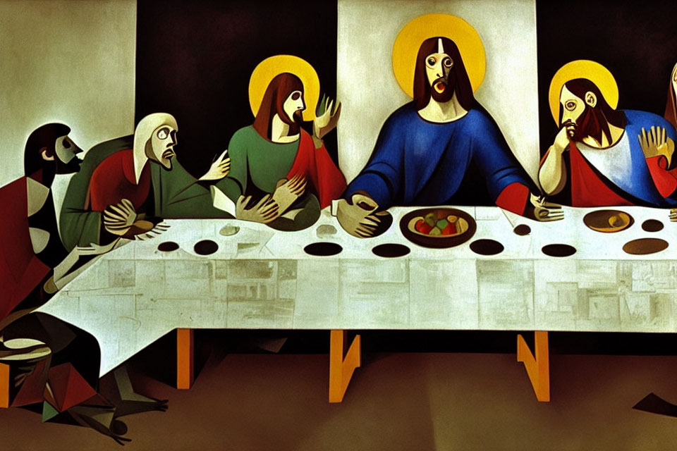 Stylized painting of six individuals at long table with halos, reminiscent of The Last Supper
