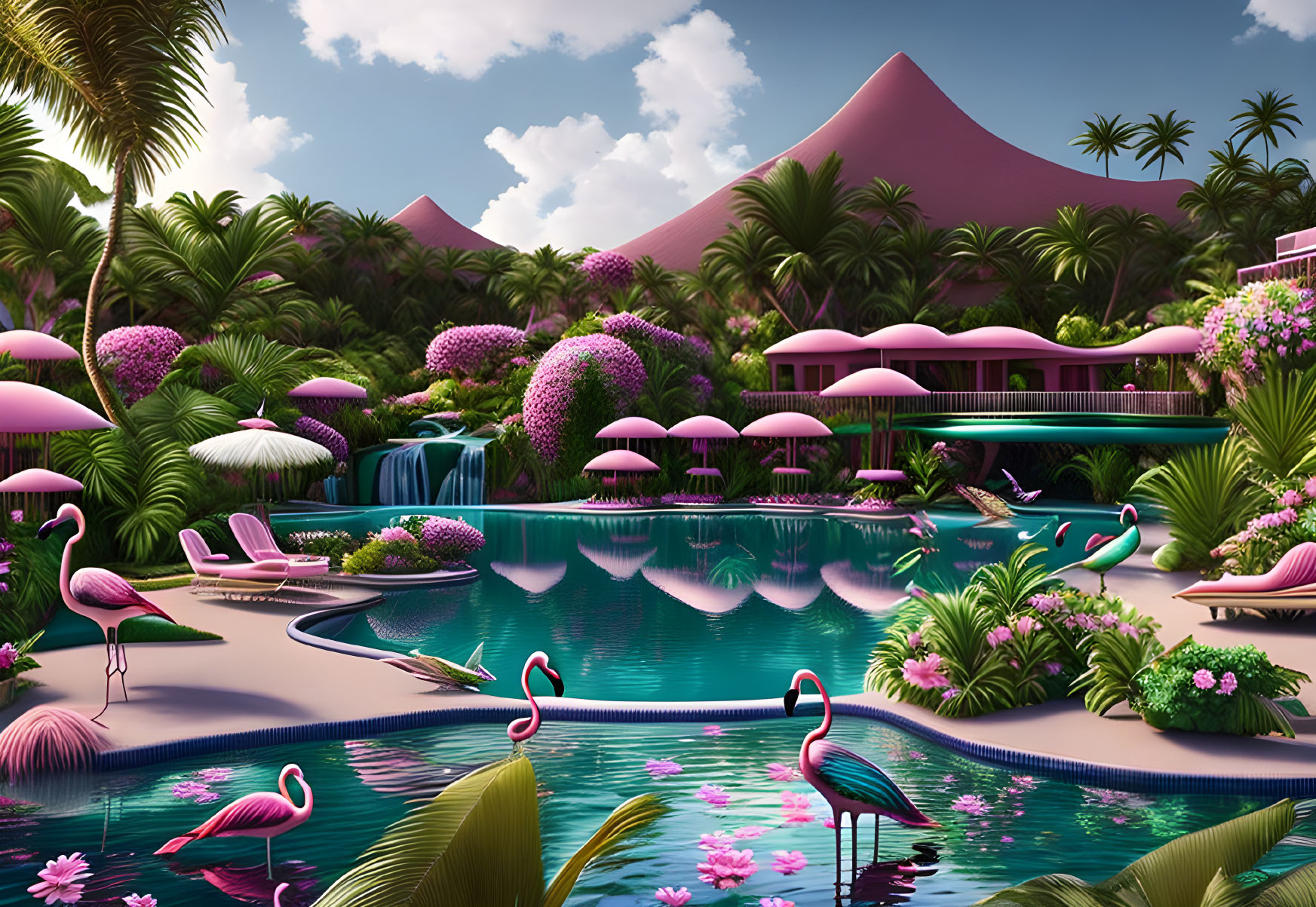 Surreal landscape with pink flamingos, lush greenery, and whimsical architecture