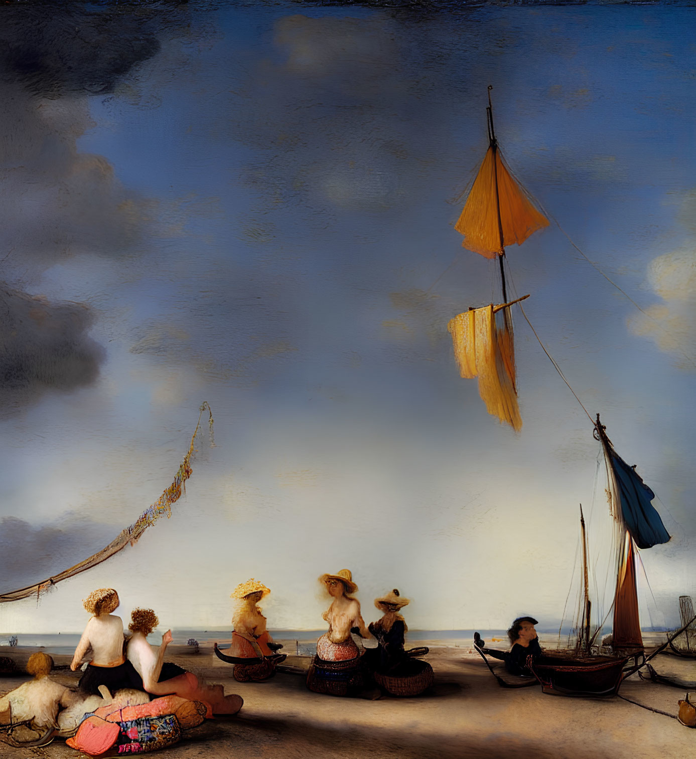Scenic painting of people in hats by beached boats under dramatic sky