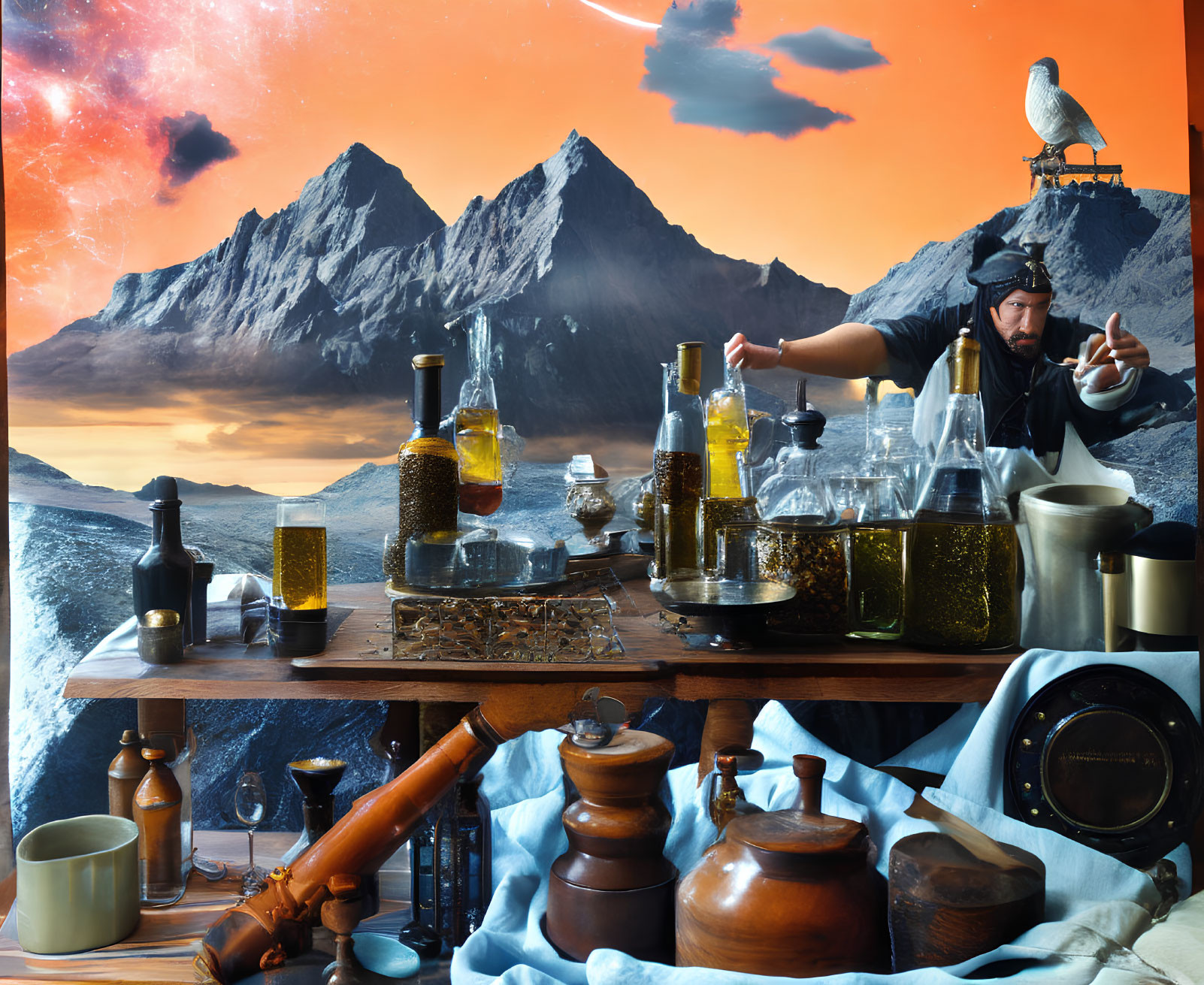 Person mixing chemicals in alchemist's laboratory with mountainous backdrop and surreal orange sky