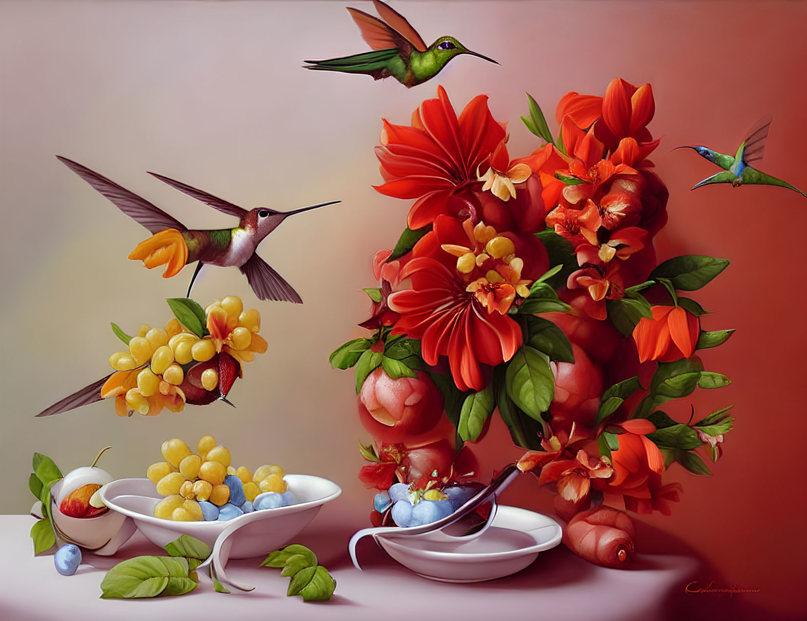 Exotic birds and fruit 