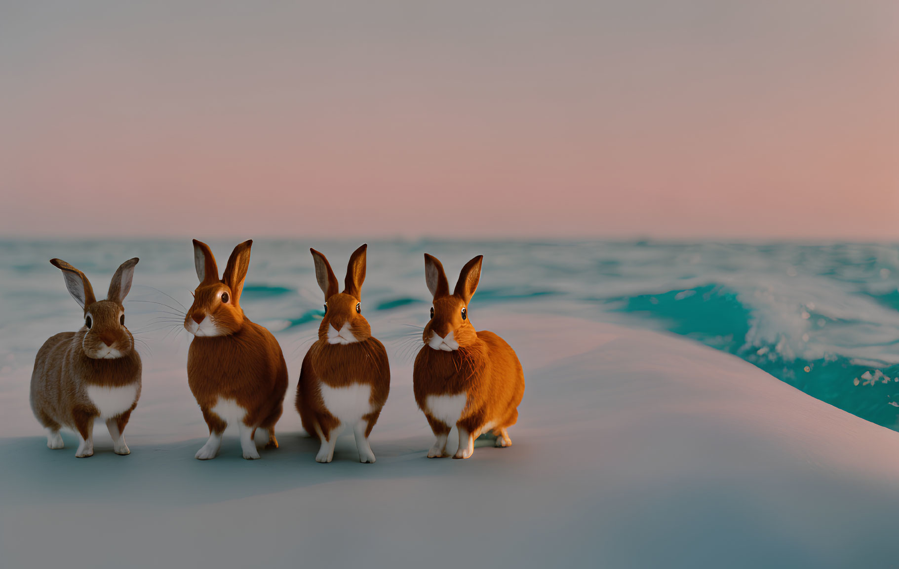 Four rabbits on sandy surface with ocean background at sunrise or sunset