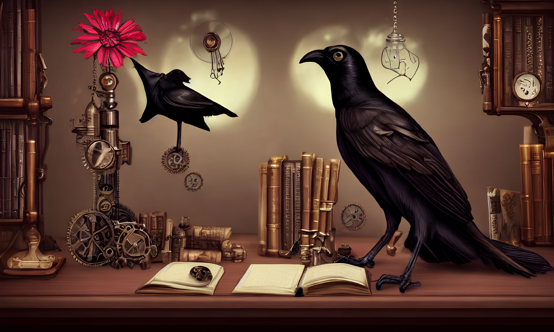 Raven with red flower, book, clocks, and steampunk gears on desk