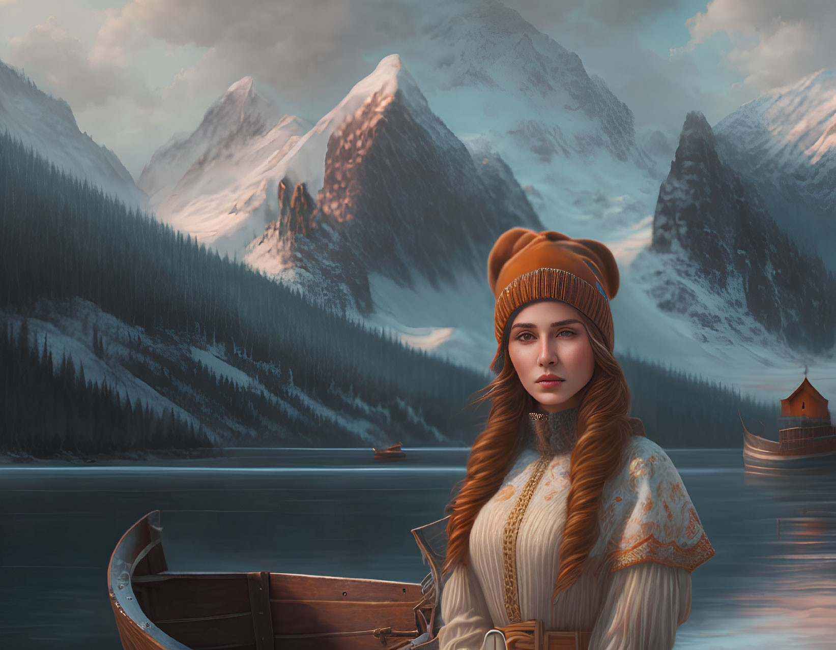 Woman in warm hat on boat with snow-capped mountains & misty lake