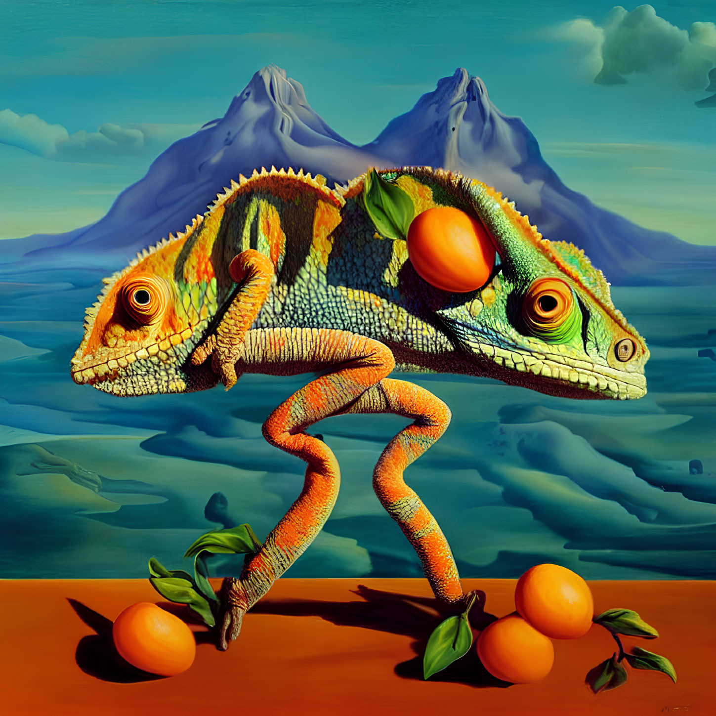 Surrealist painting: Chameleon with human-like legs among oranges, mountains, and sea