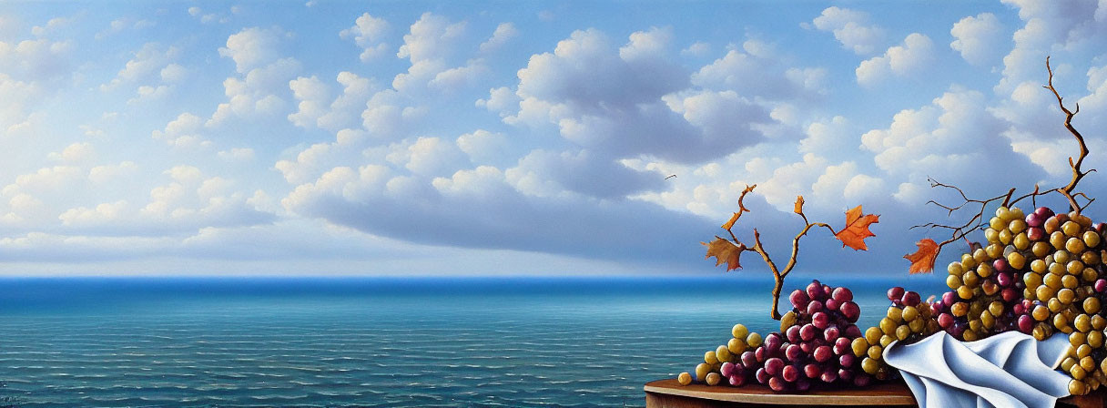 Tranquil Seascape with Fluffy Clouds and Bountiful Grapes