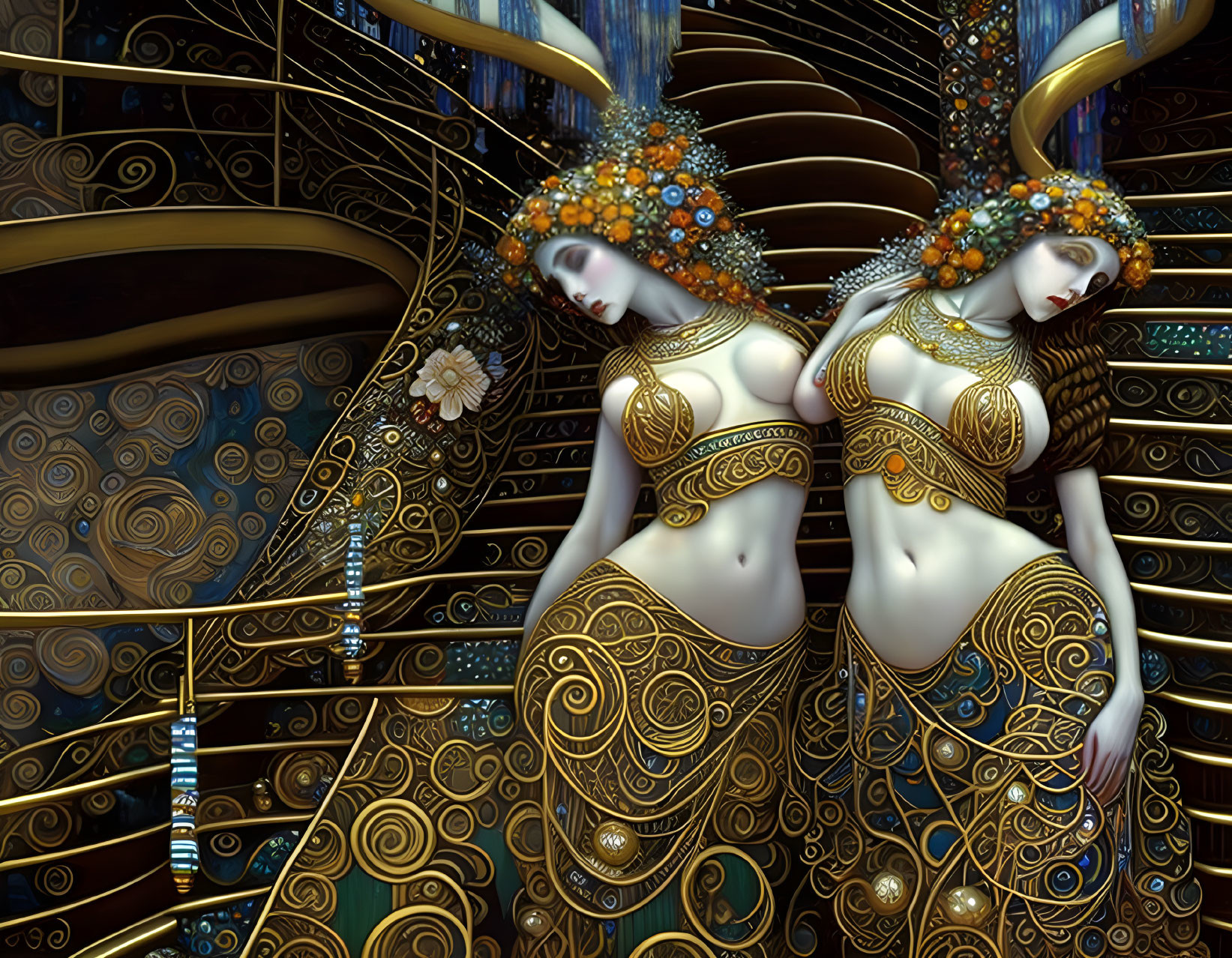 Stylized ornate female figures in golden costumes against intricate background.