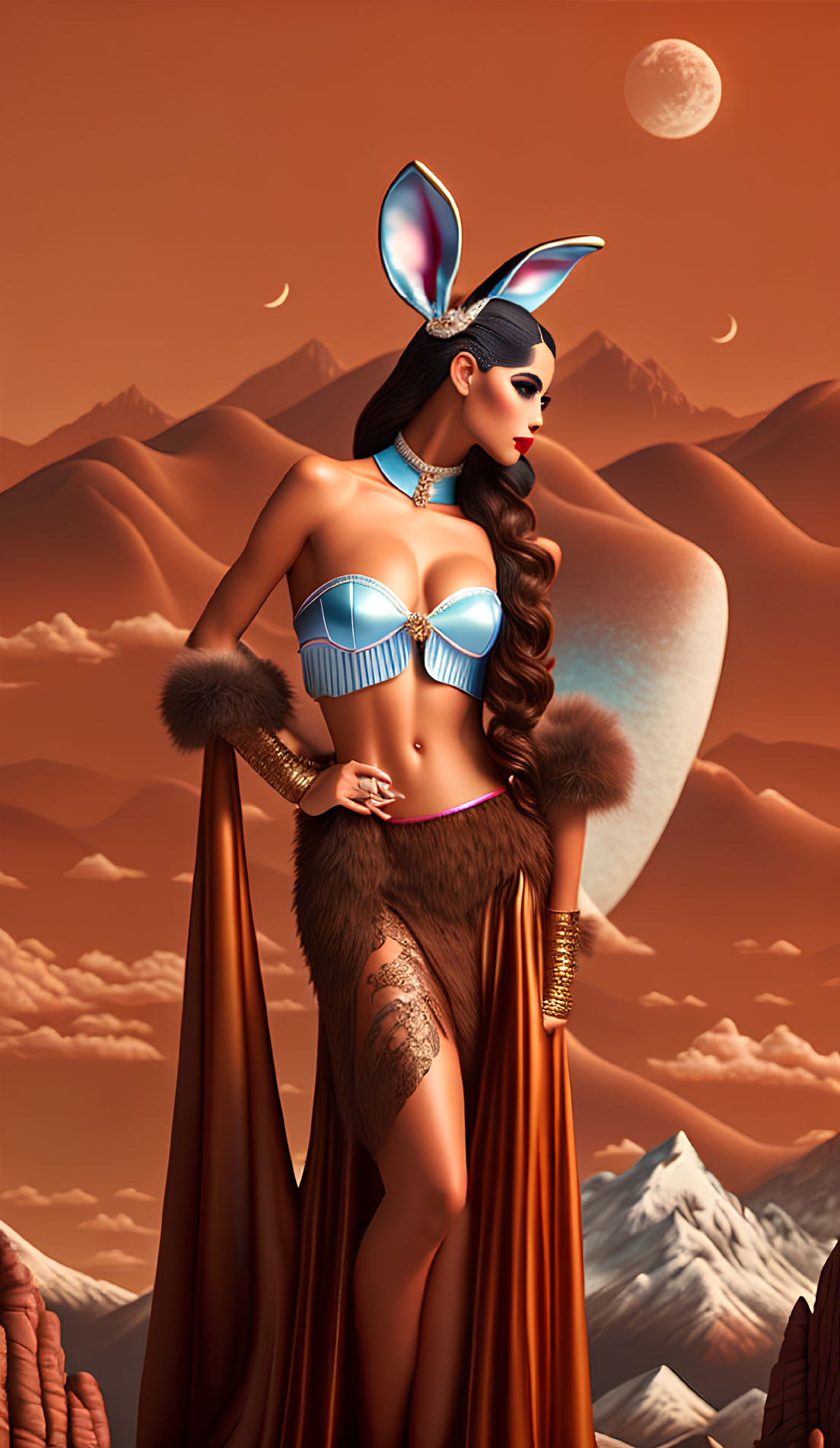 Stylized artwork of woman with bunny ears in futuristic costume against mountain backdrop