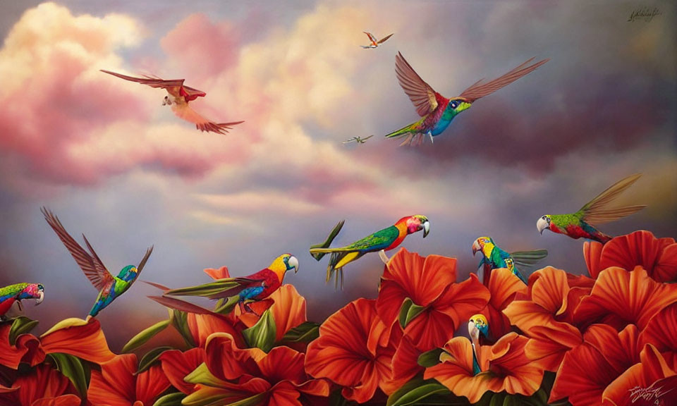 Vibrant Parrots on Orange Flowers Under Cloudy Sky