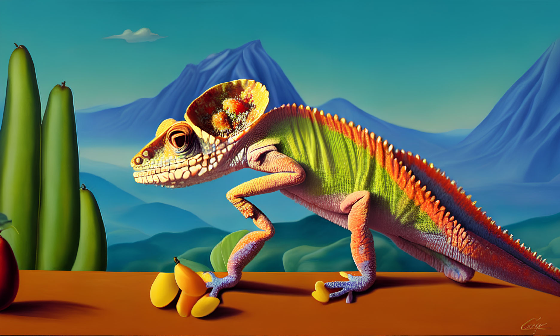 Vibrant digital artwork: Chameleon among fruits, desert hills, cactus.