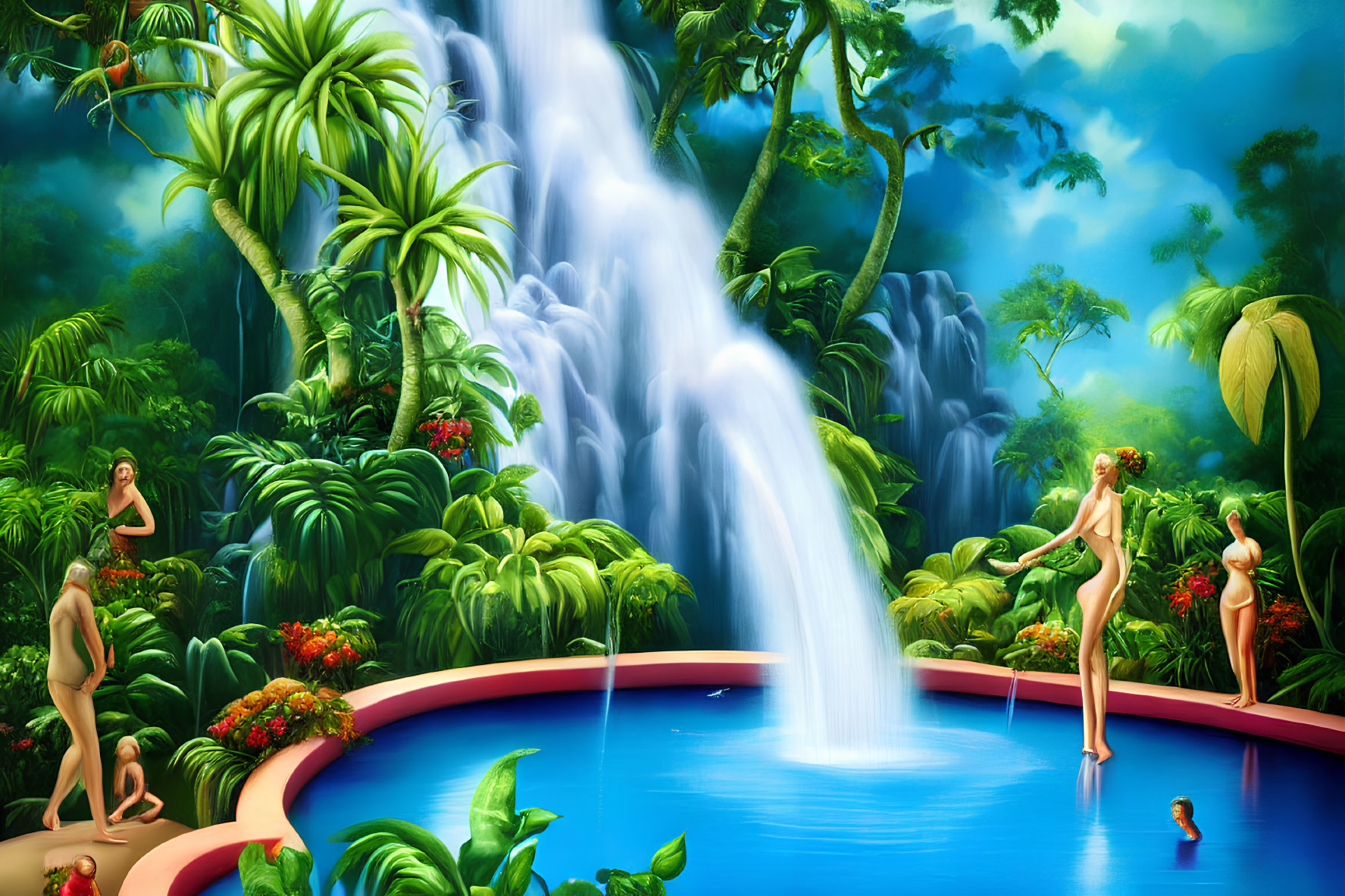 Colorful jungle scene with waterfall, exotic plants, and human-like characters interacting harmoniously