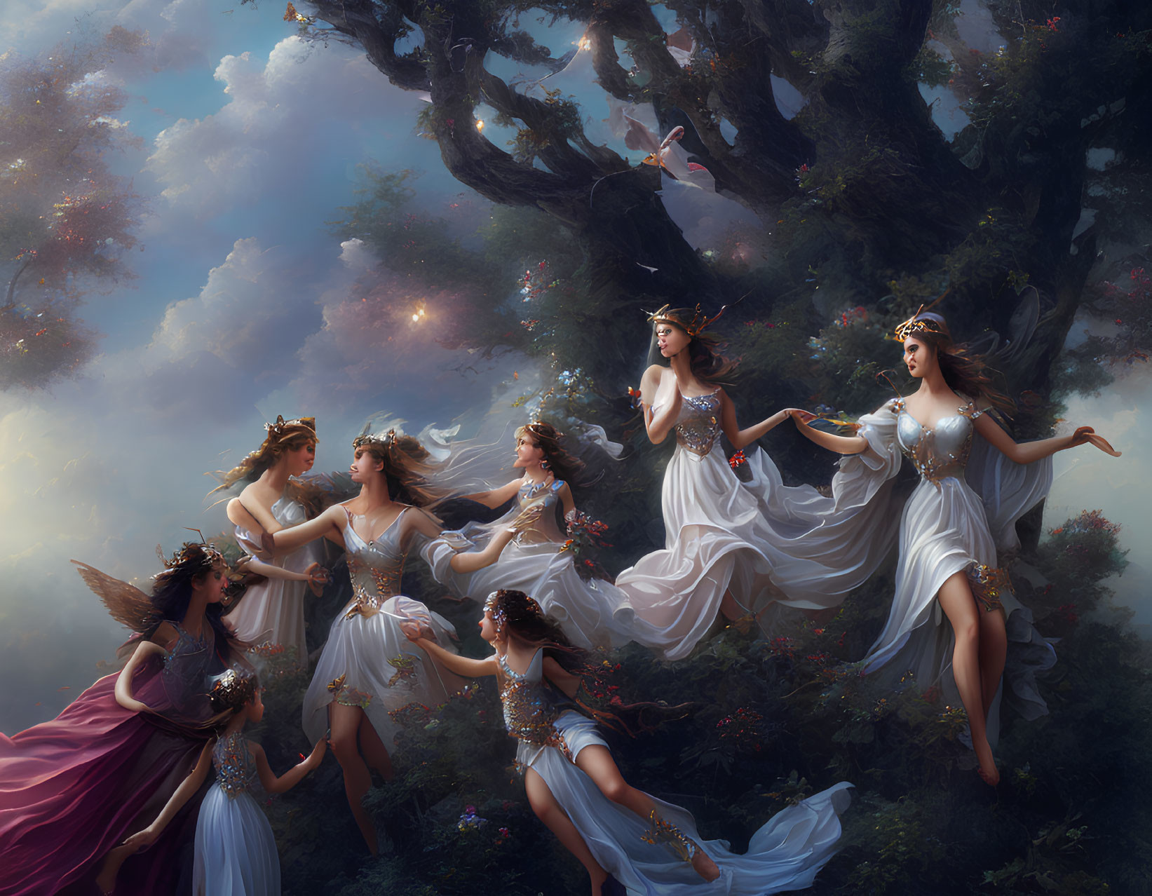 Graceful winged beings in flowing gowns dance in mystical forest.