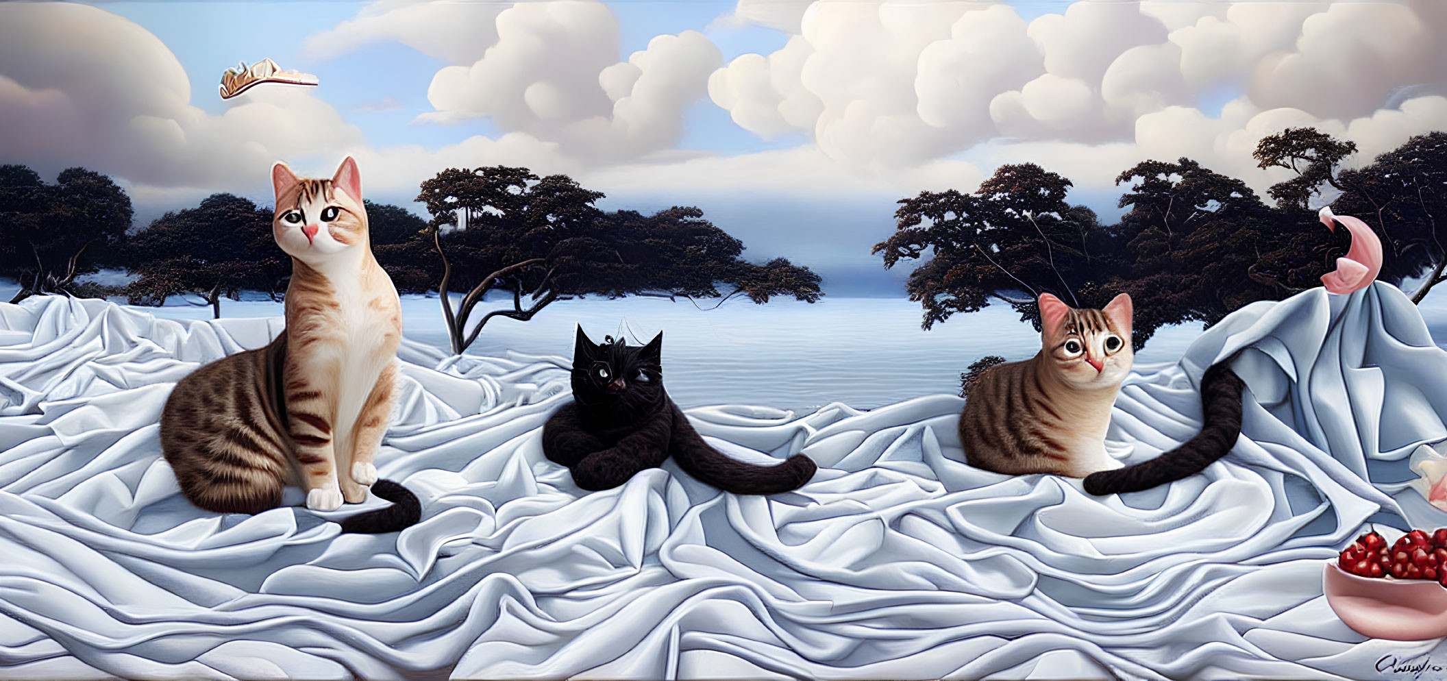 Three cats on draped fabric with trees, clouds, pomegranate, bird, and flamingo