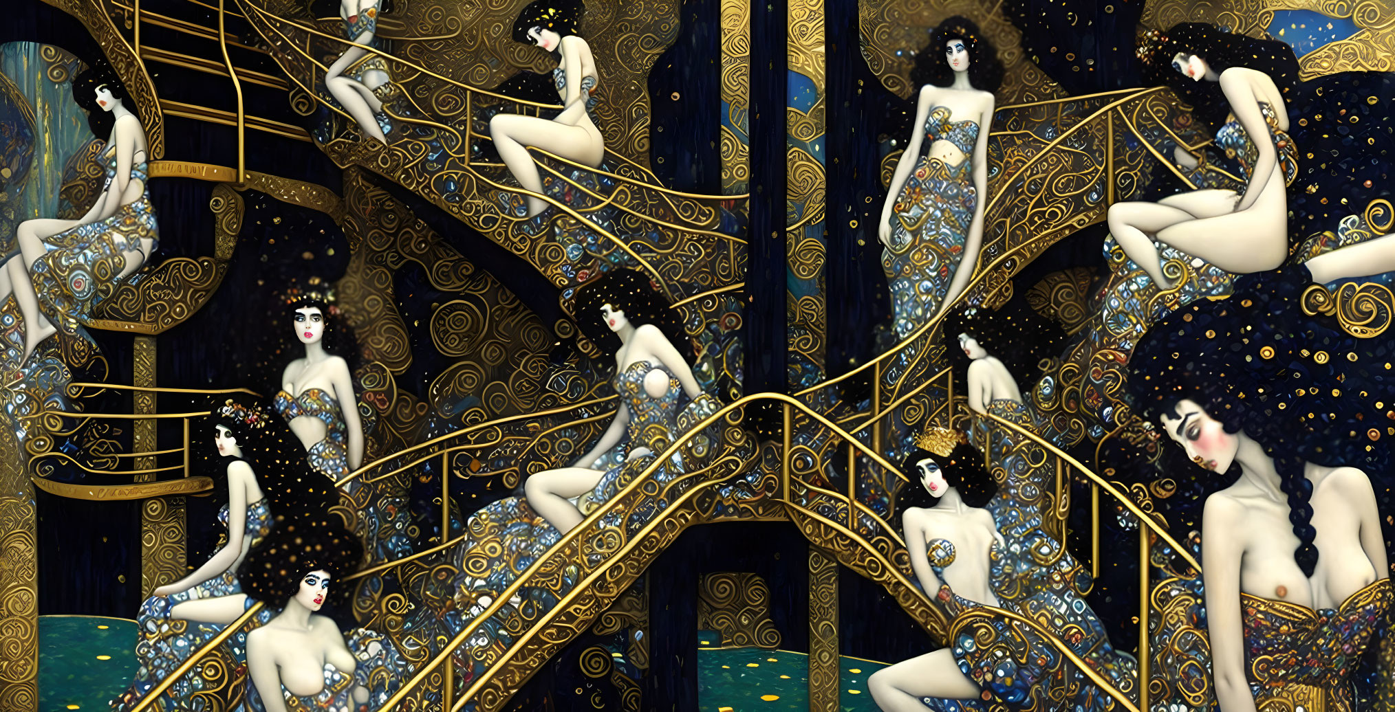Multiple pale-skinned women with dark hair posed on ornate golden staircase under starry night sky.