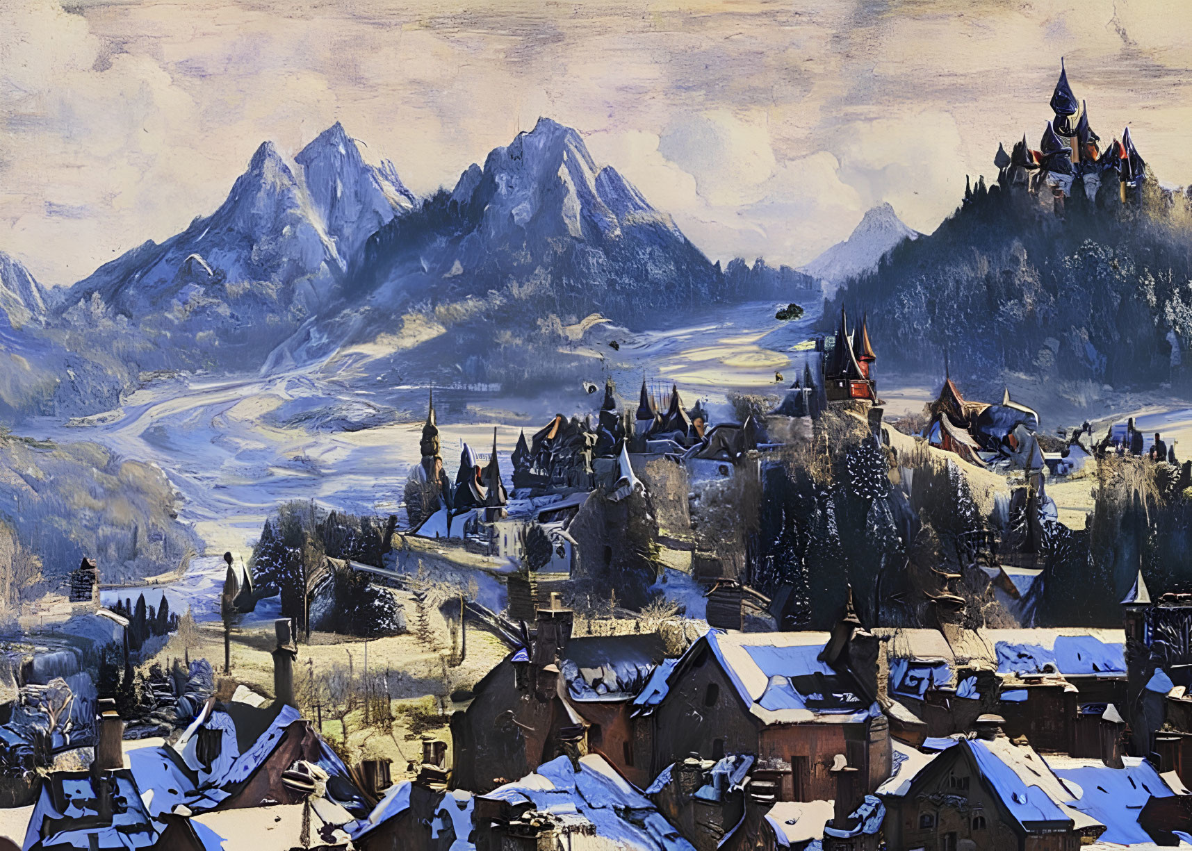 Snow-covered village with castle and mountains in winter landscape