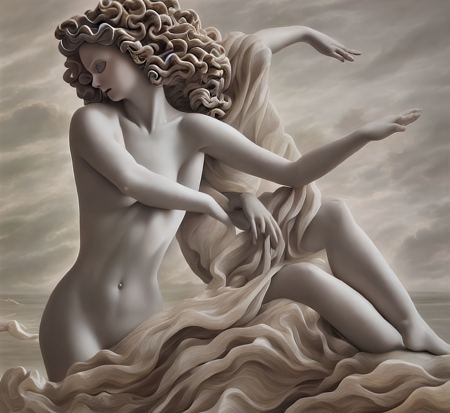 Classical female figure with curly hair and flowing drape against cloudy backdrop